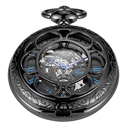Mechanical Pocket Watch Antique Roman Numerals Men's Pocket Watch, Black Skeleton Pocket Watch with Chain for Men
