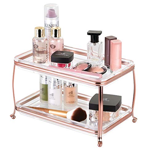 mDesign Decorative Makeup Storage Organizer Vanity Tray for Bathroom Counter Tops, 2 Levels to Hold Makeup Brushes, Eyeshadow Palettes, Lipstick, Perfume and Jewelry - Rose Gold/Clear