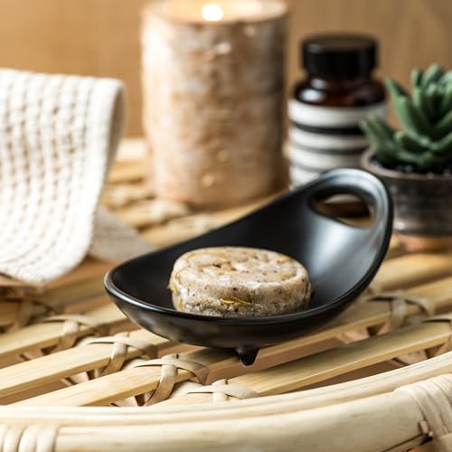 Cormomu Soap Dish for Bathroom, Bar Soap Holder for Shower, Ceramic Soap Saver with Handle, Japanese Soap Tray with Self Drain, Black