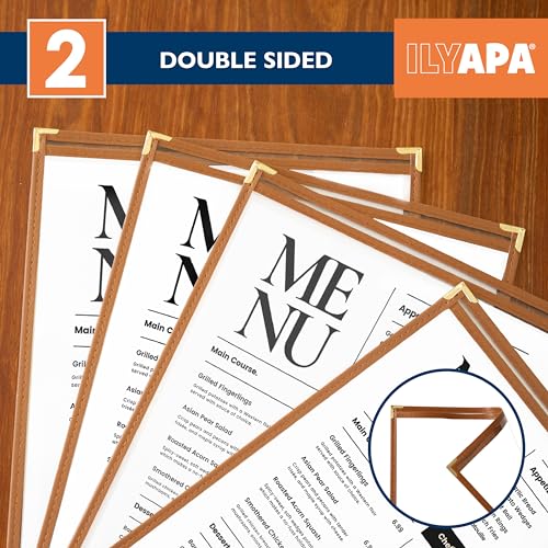 Image of Ilyapa Clear Menu Covers, 8.5x11 Inch - 30 Pack, Saddle Brown Faux Leather | 2-View Single Page Design, Durable PVC Plastic Sheet Protector, For Restaurant Menu Display, Double-Stitched Edges