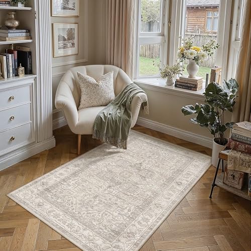 3x5 Washable Vintage Area Rug Beige Oriental Soft Entryway Throw Rug Neutral Non Slip Low Pile Small Carpet for Kitchen Bathroom Living Room Bedroom 3
