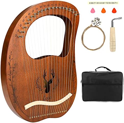 Lyre Harp, CestMall Portable 19 Strings Veneer Mahogany Harp with Carry Bag/Extra String Set/Tuning Wrench/Cleaning Cloth/Picks, Engraved Lyre Musical Instrument For Music Lovers Beginners