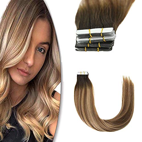 YoungSee 18inch Remy Straight Tape Hair Extensions Real Human Hair Balayage Brown Fading to Light Brown with Ash Brown Ombre Skin Weft Human Hair Tape in Extensions 20pcs/50g