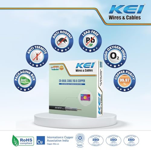 Image of KEI Coaxial Cable RG6 99.97% Pure Copper Conductor,Polyethylene Foam Insulation with Laminated Aluminum Tape & Wire Braiding,PVC Oversheathed, Suitable for HD TV Satellite Broadband (Black 100 Meter)