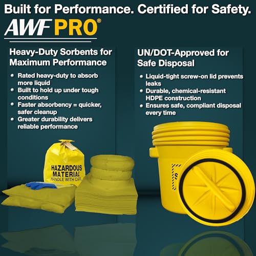 Image of AWF PRO 20 Gallon Hazmat Spill Kit, 59 Pieces | Includes DOT Approved 20 Gallon Drum, Sorbent Socks, Pads, & Pillows, & Accessories