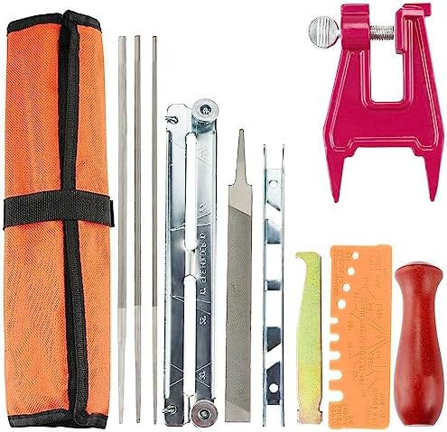 Kettensägen Schärffeilen Set mit Stumpfschraubstock, Kettensägenschärfer | mit 3 Rundfeilen, 1 Flachfeile, Führungshalter, Tiefenmesser, Holzgriff & Tragetasche, zum Schärfen & War