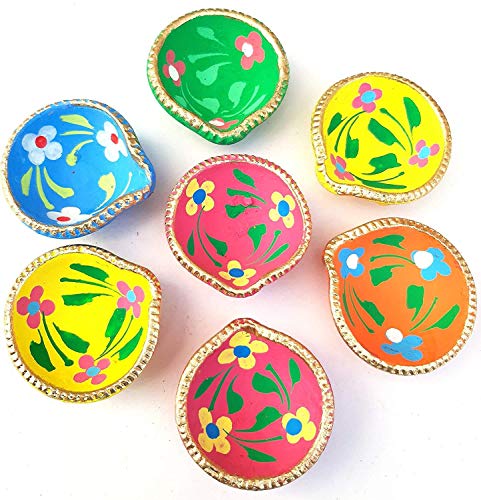 Image of Colourful Handmade Diyas for Diwali 101 pcs. Hand Painted Decorative Clay Mitti Diya Deepak Lanterns for Diwali Decoration (Pack of 101)
