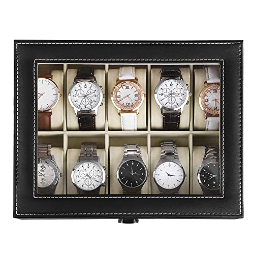 Image of SONGMICS 10-Slot Watch Box, Watch Holder with Glass Lid, Watch Case with Removable Watch Pillow, Velvet Lining, Metal Clasp, Watch Display, Synthetic Leather, Black UJWB010BE