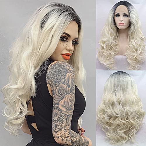 Karissa Ombre Blonde Lace-Front-Perücke für Frauen, lange Wellen mit schwarzen Wurzeln, gluless Synthetik, halb handgebunden, frei von Teilen, hitzebeständig, Drag Queen, Cosplay, Party, Alltag Cover