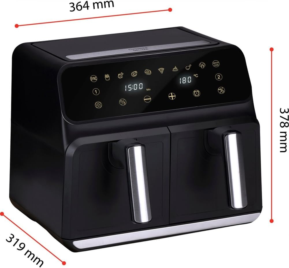 Dimensions diagram for BAKAJI XXL Dual Basket Air Fryer: 378mm height, 364mm width, 319mm depth