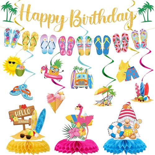 VorkiVecKi Summer Birthday Party Decorations - 13 Pcs Beach Pool Hanging Swirls Decors Set for Kids Hello Summer Slip Flop Banner Supplies Happy Hawaii Holiday Celebration Table Honeycomb Centerpieces