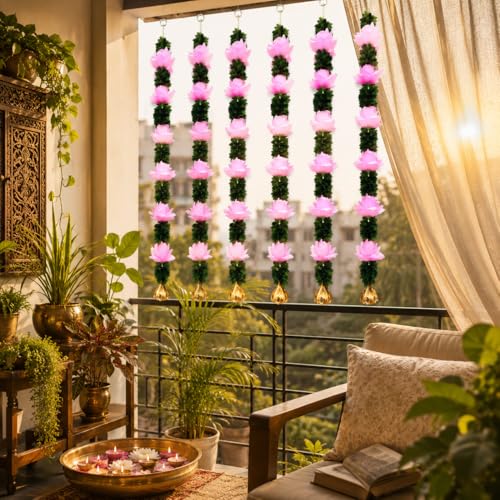 Image of Rajasthan Kraft Artificial Pack of 4, Flower Wall Hanging for Home Decoration | 33 * 4 Inch Pink Floral Hanging with Green Leaves, Decorative Wall Hanging for Diwali, Wedding, Mandir & Living Room