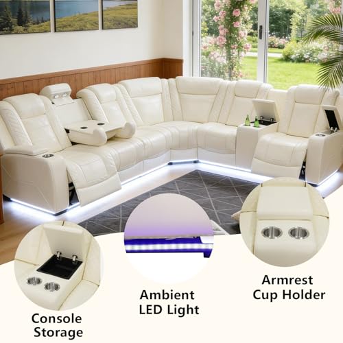 Image of Power Reclining Sectional Sofa Set with USB, LED & Storage - Cream White Leather Recliner Couch with Cup Holders & Pull-Down Table - Modern Living Room Furniture Set for Home Theater Comfort