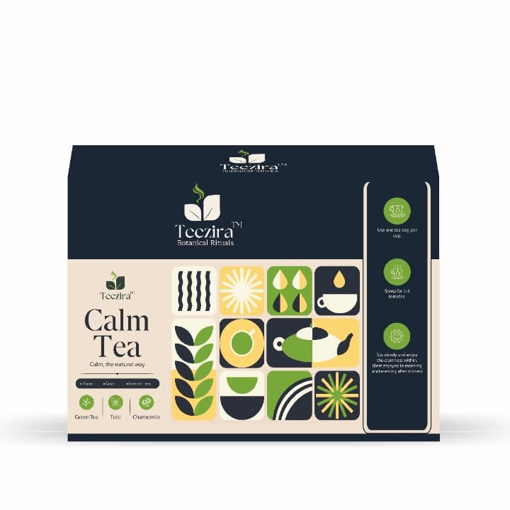 Teezira Calm Tea Herbal Green Tea Bags with Tulsi & Chamomile | Relaxation & Stress Relief Tea | Supports Better Sleep, Mental Calmness & Daily Wellness | 25 Tea Bags | Natural Herbal Blend-image-36