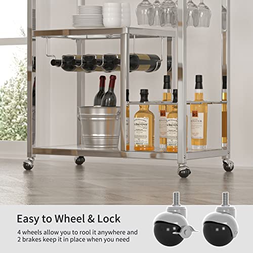 Qssllc 3-Tier Bar Cart Glass Kitchen Serving Cart With Lockable Wheels, Handle, Wine Rack And Glass Holder, Metal Storage Carts For Home Kitchen Bar, Silver #TOP3