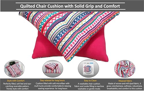 Image of Pack of 2 Washable Reversible Woven Pink Boho Seat Cushions with Micro Fiber Filler & Ties, Size 16 x 16 Inches 40 x 40 cm for Floor Sitting, Pooja, Dining Table Chair, Rastaurant
