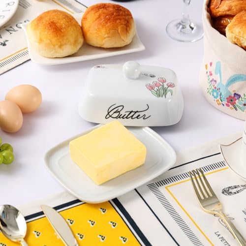 Hochwertige Keramik Butterdose für 250g Butter, Weiß mit Blumen Bienen Muster, Spülmaschinengeeignet, Klassische Butterg