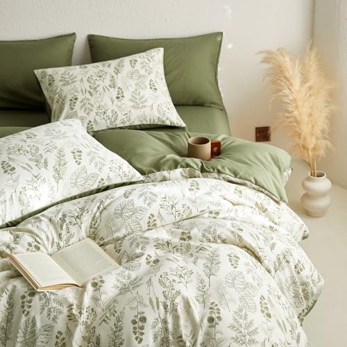 Image of Wake In Cloud - Queen Size Comforter Set, 3-Piece, Floral Shabby Chic Coquette Botanical Flower Ivory Beige Forest Olive Green, Soft Lightweight Bedding for Women Girls