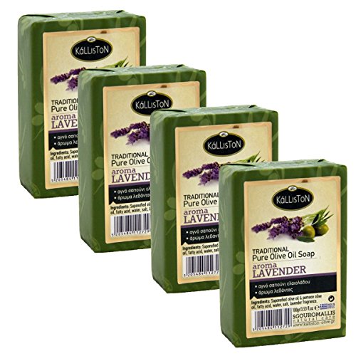 Kalliston, French Lavender Extract Herbal Soap Bar, Greek Extra Virgin Olive Oil, All Natural Aroma, All Skin Types, Crafted in Historic Crete, Greece, Pack of 4