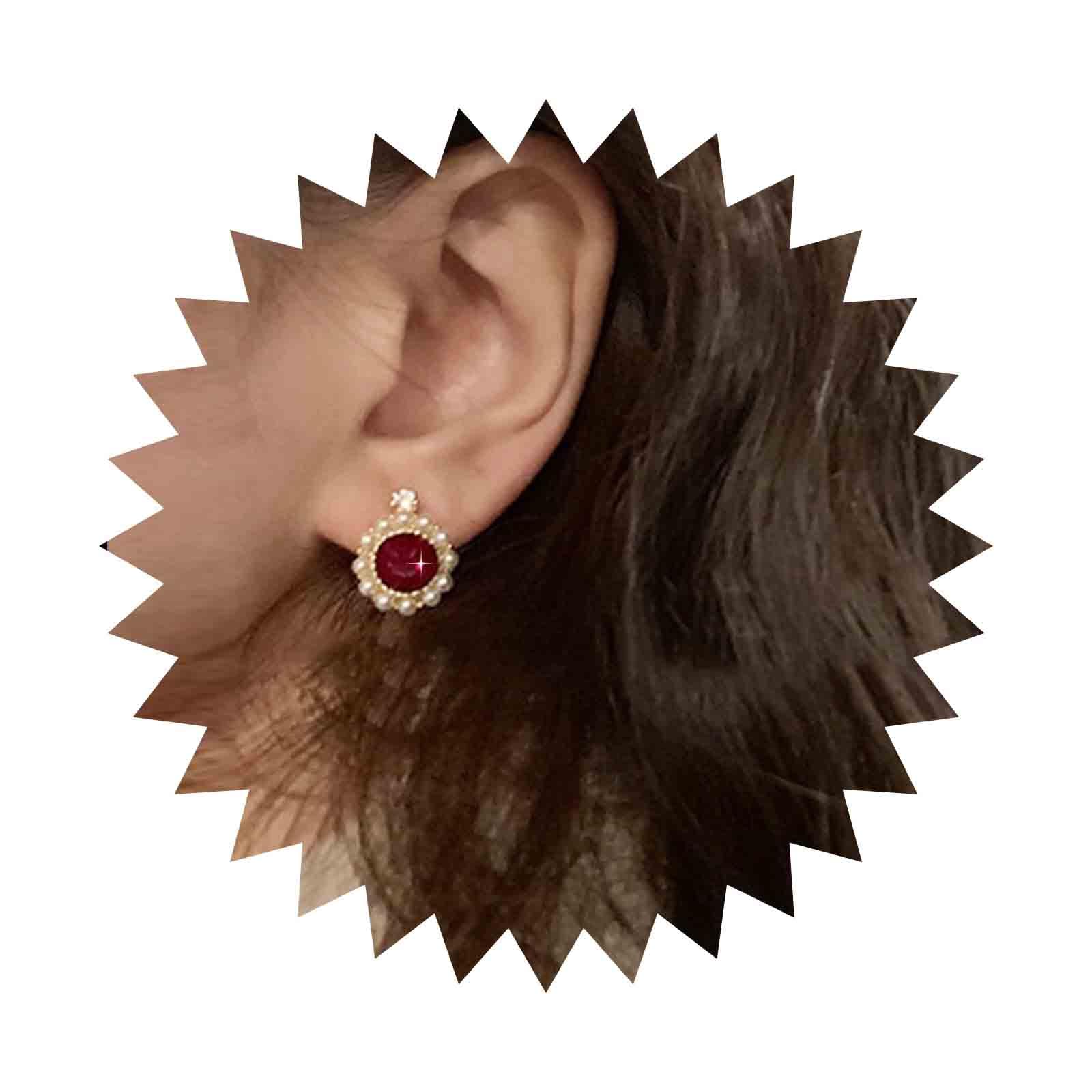 IacebleVintage Pearl Ruby Earrings Oval Ruby Stud Earrings Red Gemstone Earrings Boho Ruby Crystal Earrings Jewelry for Women and Girls