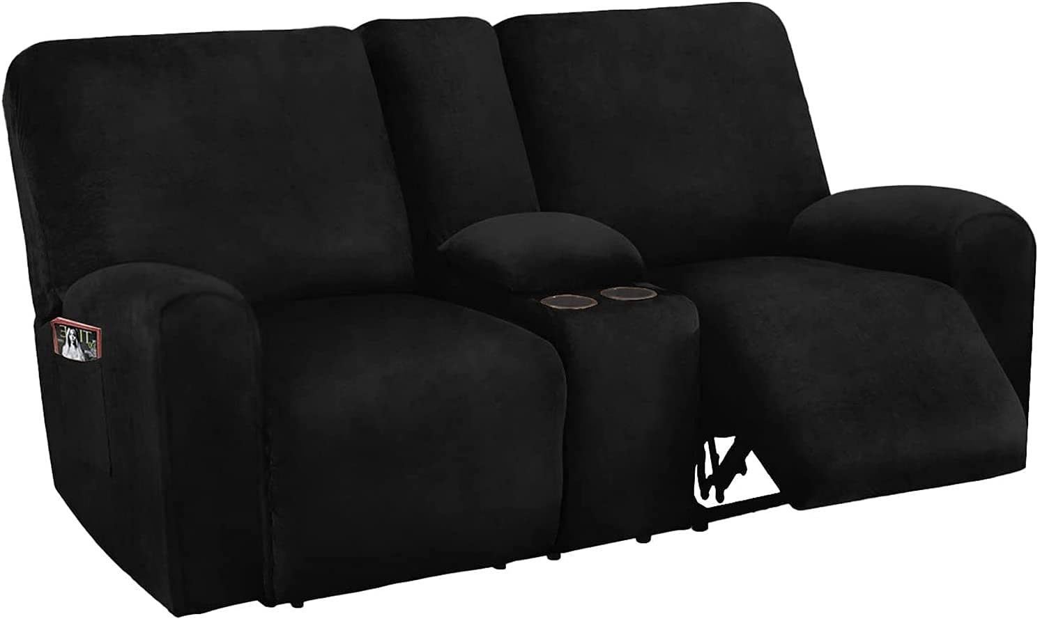XVBVS 8-Piece Recliner Loveseat Covers, Velvet Loveseat Reclining Sofa Slipcovers with Middle Console, Stretch 2 Seater Loveseat Reclining Couch Covers for Living Room (Color : Black)