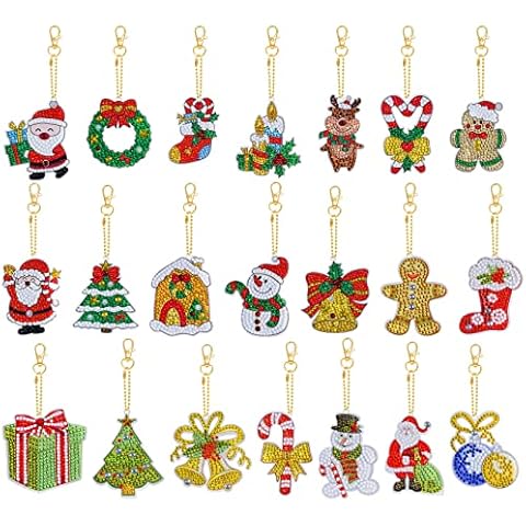 Poualss 21 Pieces Christmas DIY Diamond Key Chain Rhinestone 5D DIY Diamond Key Chain Painting Key Chain Hanging Ornament for Christmas Decor DIY Arts Crafts Cover