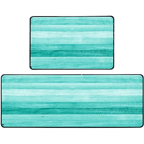 TOMWISH Teal Kitchen Rugs Turquoise Kitchen Mat Non Slip Kitchen Rug Teal Turquoise Green Painted 2 Pieces Kitchen Rug Set 17