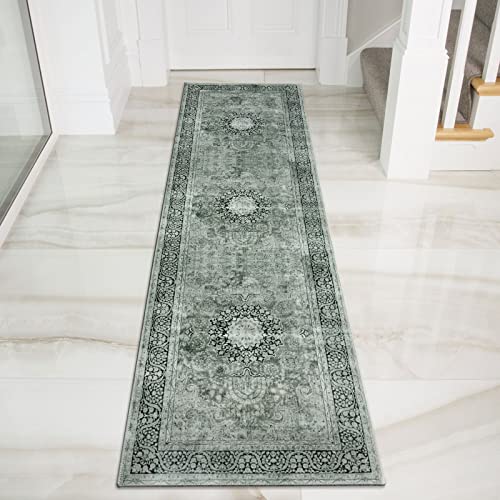 Decomall Maila Washable Runner Rug, Traditional Persian Long Rugs, Vintage Distressed Foldable Carpet For Hallway Kitchen, 2'6"X9', Grey-Green #TOP6