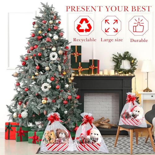 Image of Thenshop 44 Pcs Basket for Gifts Empty Gift Basket Bulk Include 12 Cardboard Tray 12 Plastic Bags and 20 Pull Bows for Christmas Fall Halloween Birthday Wedding Party DIY Wrapping(Stripe,Red, White)