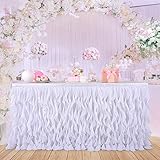 CO-AVE Tulle Curly Willow White Table Skirt Table Decoration Rectangle or Round Table Ruffle Tutu Table Skirt for Birthday Party Baby Shower Wedding Decoration(L9(ft), H30in)