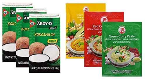 Paquete de 3 Leche de Coco AROY-D [3x 250ml] Cocosmilc - Leche de Coco + Pasta de Curry de Pollo 50g rojo, amarillo, verde (3x50g)