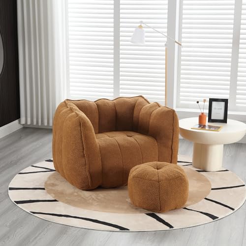 sofutoo Soft Bean Bag Chair with High Resilient Foam for Living Room and Bedroom, Comfortable Square Lazy Sofa with Footstool, Khaki and Yellow