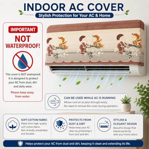 Image of Combo Cotton Net Split AC Cover Indoor Unit for 1.5Ton Capacity AC, Premium Work Indoor AC Dust Protection Cover Designer Summer Ac Cover for 1.5Ton Ac (38 X 15.35 X 7.8 inch, Peach & Brown)
