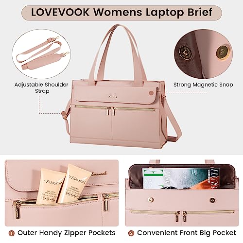 Image of LOVEVOOK Laptop Bag for Women 15.6 Inch Laptop Tote Work Professional Leather Computer Briefcase Waterproof Handbag Shoulder Large Capacity Business Teacher Office Bag Crossbody Purse,Pink