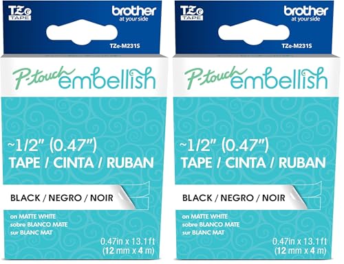 Image of Brother P-Touch Embellish Black Print on Matte White Tape TZEM231S - ~ inch Wide x 13.1' Long for use with P-Touch Embellish Ribbon & Tape Printer, TZE-M231S (Pack of 2)