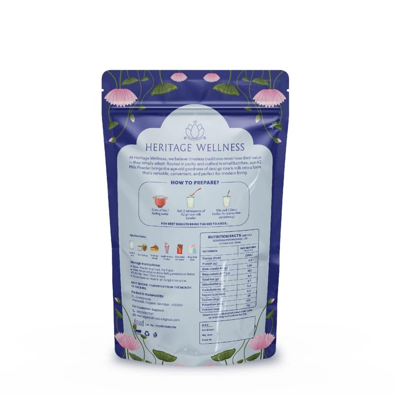 Image of Heritage Wellness A2 Gir Cow Milk Powder 100gm Pack - Premium A2 Gir Cow Milk Powder for Whole Milk Experience - Rich Full Cream - Ideal for Beverages - Nutrient-Rich and Delicious