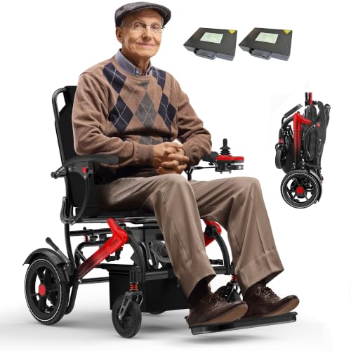 Image of Electric Wheelchairs for Adults Foldable 36LBS Lightweight Frame Airline Approval, 30 Miles Travel Range& 500W Brushless Motors Power Motorized for Home use, Lightweight Wheelchair (Red-2 Batteries)