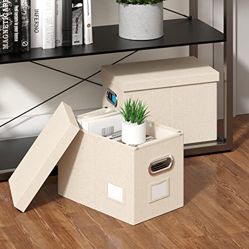 Dywmm File Folder Organizer - Set Of 2 Collapsible Decorative Linen Filing Storage Hanging File Box With Lids Office File Cabinet For Space Saving (14X9.3X10.9 Inch) (Beige) #TOP2