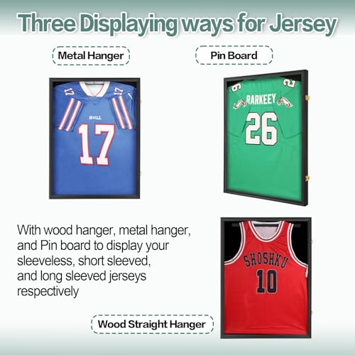 Image of Jersey Frame Display Case 4 Pack for Wall ,Large Lockable T-Shirt Shadow Box with Clear UV Protection Acrylic & Hangers for Football Basketball Baseball Soccer Hockey, Matte Black