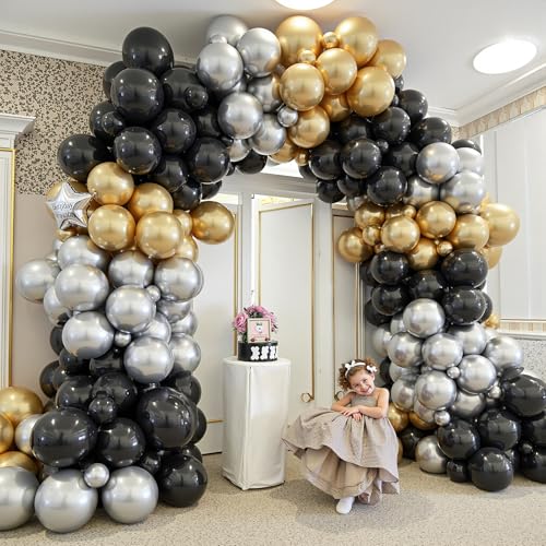 Image of 412Pcs Black Gold Silver Balloons Garland Arch Kit,18 12 10 5 Inch Different Size Latex Balloons for Graduation Birthday Wedding Party Decorations