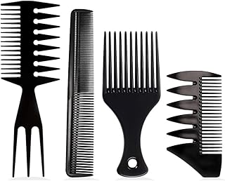 4 قطع من مشط تصفيف الشعر الإفريقي، مشط بلاستيكي واسع الأسنان، مجموعة احترافية لتصفيف الشعر للرجال في صالونات التجميل، فرشاة حلاقة لتصفيف الشعر الطبيعي المجعد الطويل الكثيف (أسود)