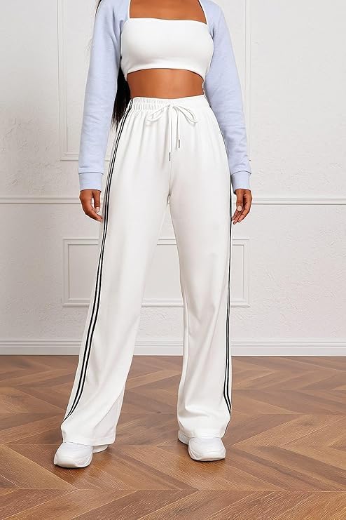 Image of Women's Wide Leg Track Pants High Waisted Baggy Sweatpants with Side Stripe Casual Athleisure Lounge Trousers