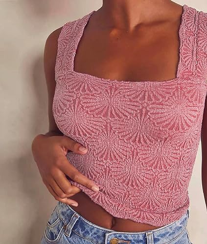 Women's Square Neck Wide Strap Crop Tank Tops Flower Going Out Tops Slim Fit Lettuce Trim Crop Cami Tops