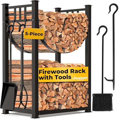 AMAGABELI GARDEN & HOME 31.6in Large Firewood Rack Fireplace Tools Set Wood Holder Indoor log Rack With Tools Tall for Wood Stove Firepit Campfire Storage Stacking Wrought Iron Accessories Outdoor