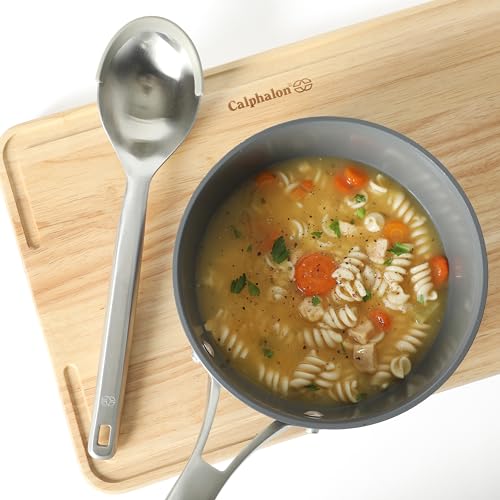Image of Calphalon Prime Kitchen Spoon, Stainless Steel & Silicone Cooking Spoon with Taupe Silicone Rim, Heat-Resistant Nonstick-Safe Spoon for Stirring, Mixing & Serving