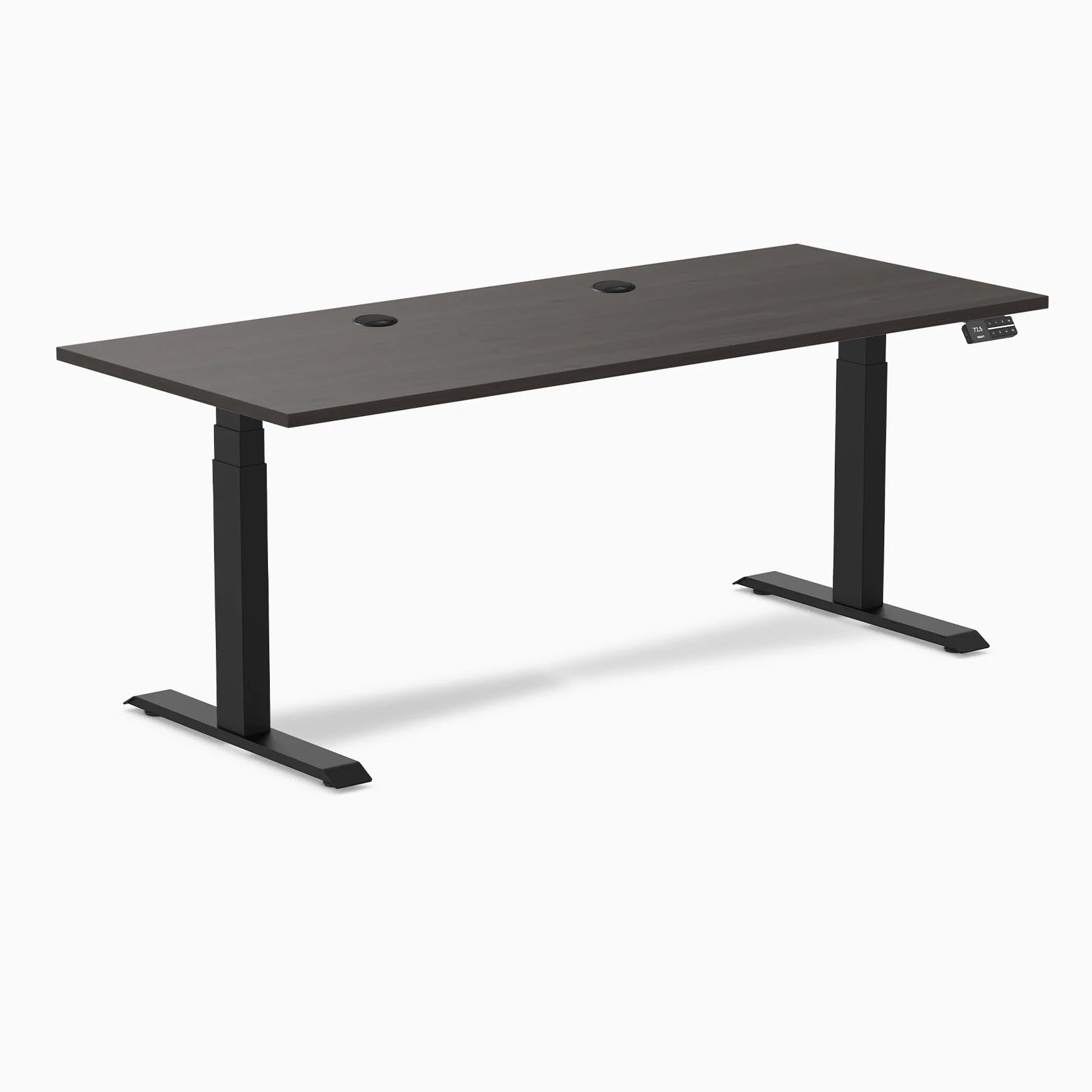 Desky Dual Laminate Sit Stand Desk Burnished Wood Grommets Matte Black