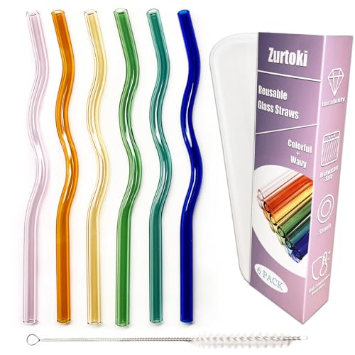 6 PCS Colorful Reusable Wavy Glass Straws