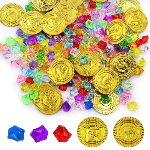 OUDQFCJ 100 Piezas Monedas de Juguete para Búsqueda del Tesoro,Decoración Pirata,Fiestas,Cumpleaños de los Niños,Mitgebsel y Piratenschatz (50 Monedas Doradas + 50 Gemas) (Oro + Multicolor)
