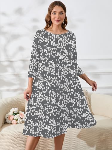 Image of AusLook Women's Plus Midi Dresses Crew Neck A Line 3 /4 Sleeves Casual Elegant Loose Wedding Vacation Dress with Pockets