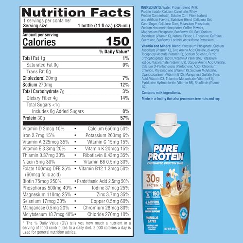 Image of Pure Protein Ready to Drink Protein Shake, Vanilla Latte, 30g Protein, Caffeine for energy + L-Theanine, 150 Calories, Less than 1g Sugar, 4g Fiber, Non-GMO, 11oz Bottles, 12 Pack
